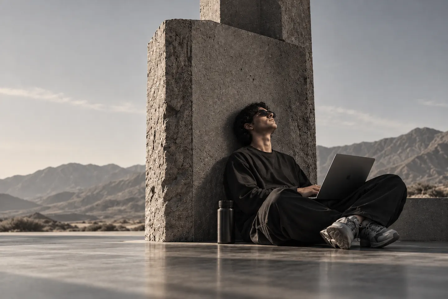Una persona sentada contra un bloque de piedra, con un computador portátil, frente a un paisaje de montañas