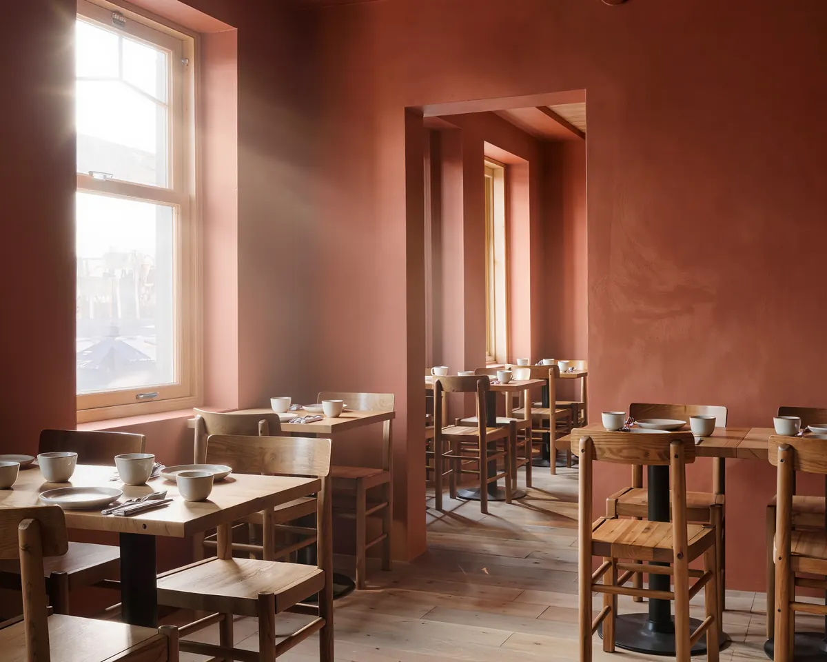El salón del restaurante, con paredes de terracota, mesas de madera y luz de la mañana