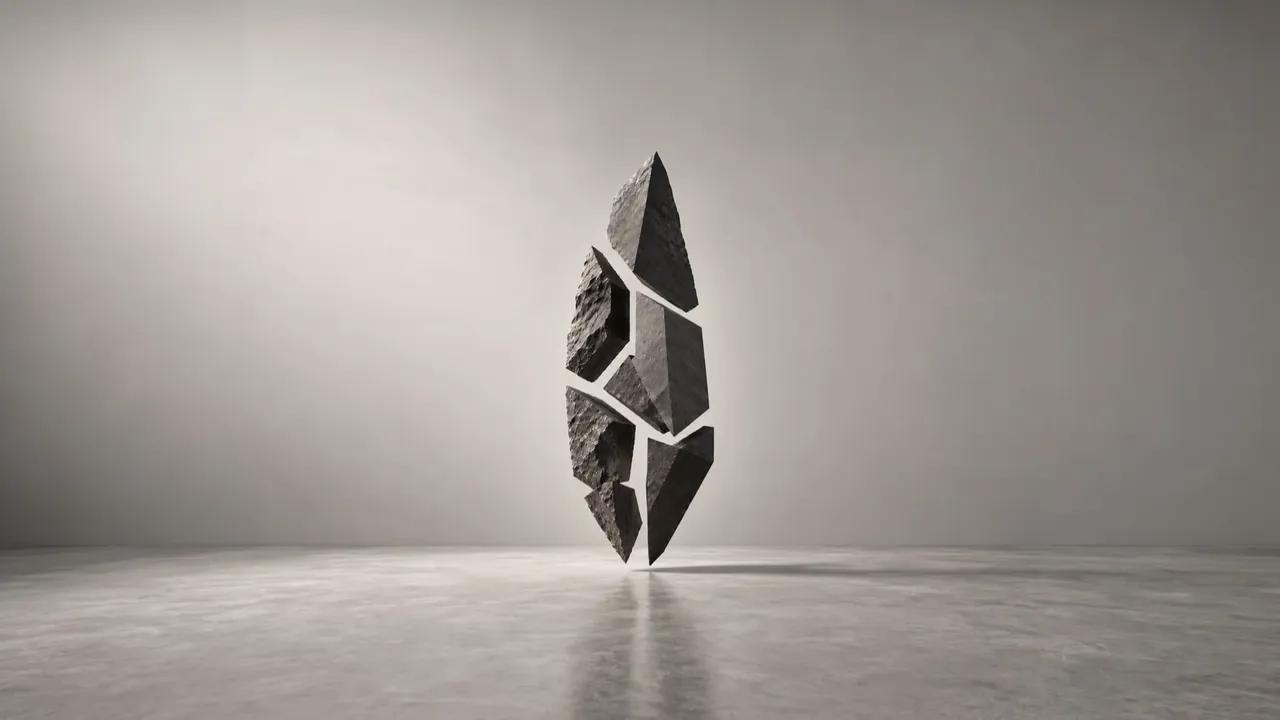 Fragmentos de piedra oscura que flotan en una sala gris, antes de juntarse en un monolito